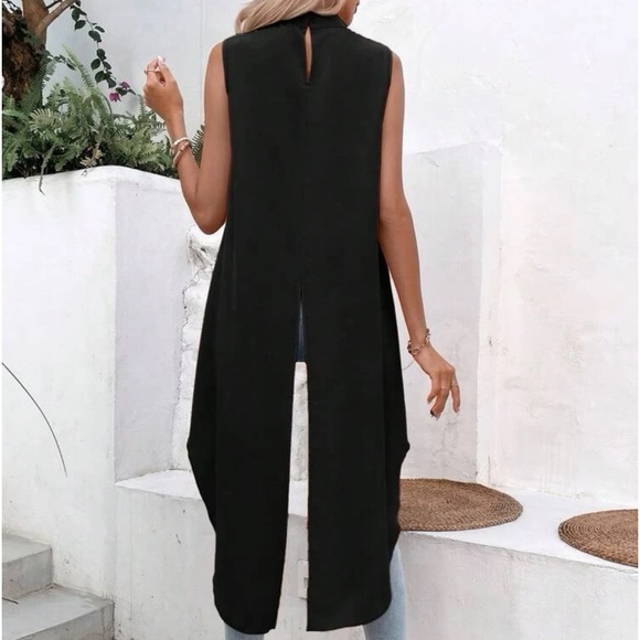 Black Choker Neck High Low Hem Back Slit Sleeveless Top Blouse Shirt - Picture 2 of 2